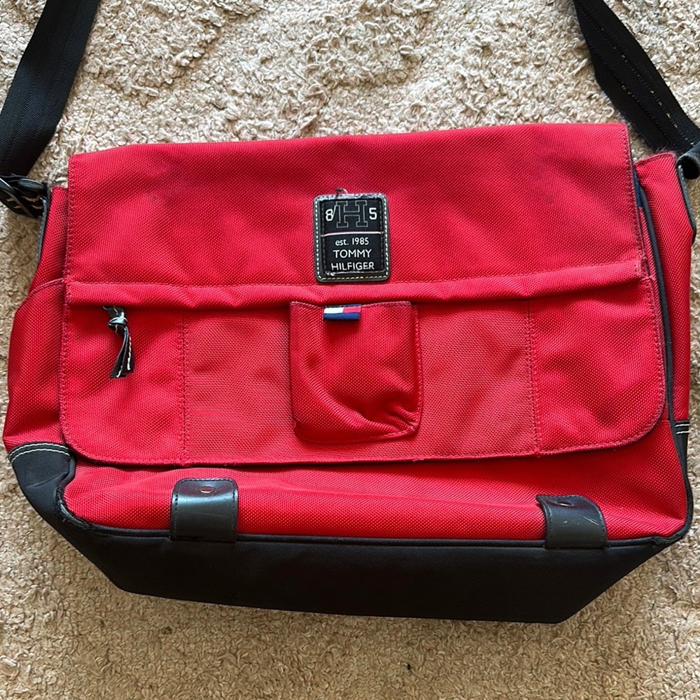 Vintage Tommy Hilfiger Red & Black Messenger Bag Est. 1985 Nylon Crossbody